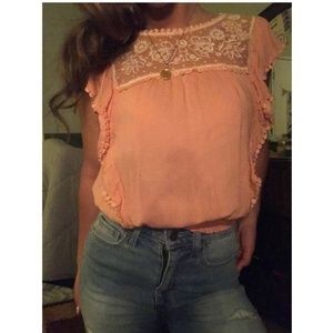 pastel orange lace blouse, with ruffled sleeves, s